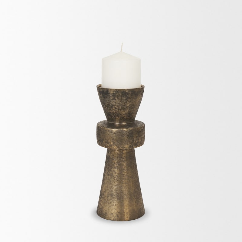 Odilia Large Textured Antiqued Gold Metal Geometric Pillar Candle Holder