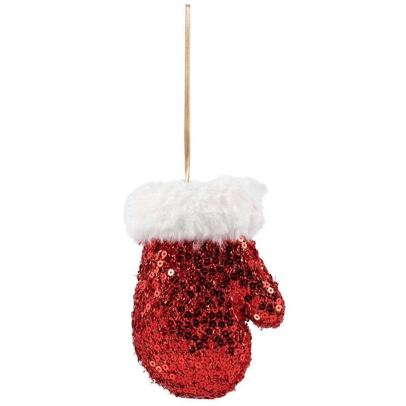 Sequined Winter Mitten with Plush Trim Christmas Ornament - 6" - Red