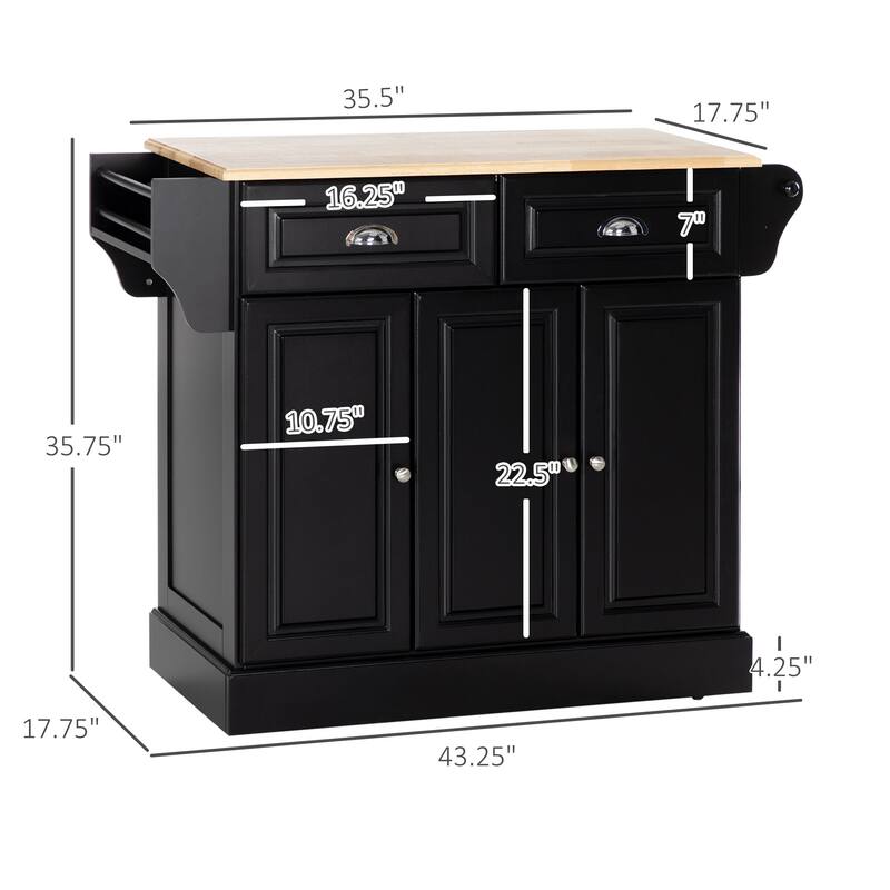 Rolling Kitchen Island with Rubberwood Butcher Block, Kitchen Cart with Adjustable Shelves, Kitchen Cabinet with Towel Rack