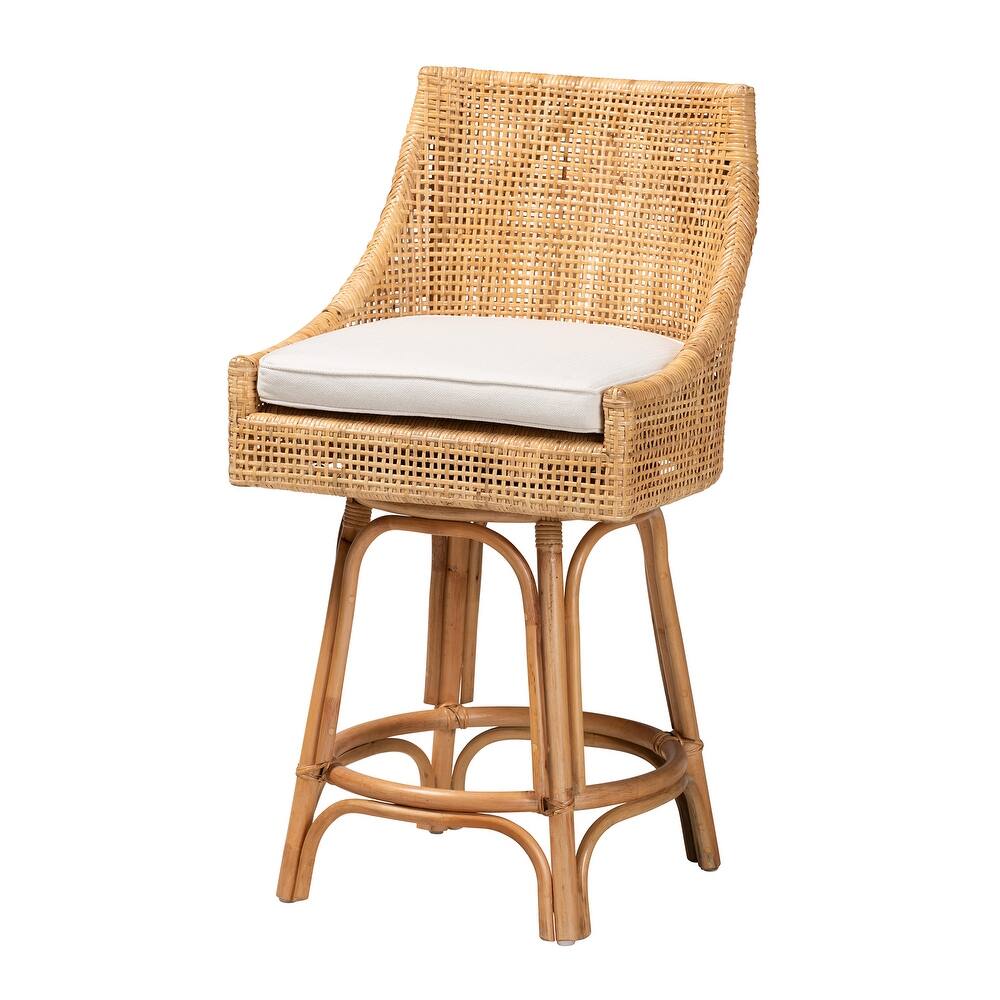 Bella Swivel Rattan Counter Stool with Cushion - Handwoven Wicker Kitchen Island Seating with Backrest and Footrest