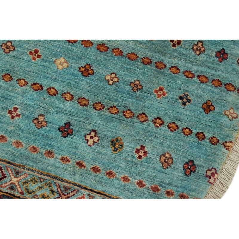 Tribal Khurgeen Dawn Lt. Blue/Orange Hand-knotted Wool Rug - 3'2 x 3'2 - 3'2'' x 3'2''