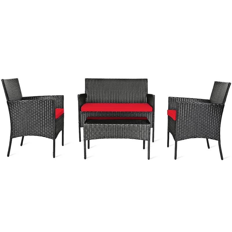 4 PCS Patio Furniture Set Rattan Sofa & Chairs Set - Red