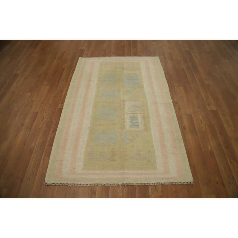 Hand Woven Oriental 100% Wool Carpet Southwestern Tribal Yellow & Gold Kilim Area Rug - 4' 9'' X 3' 2''
