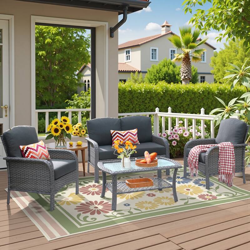 HOOOWOOO 4-piece Wicker Outdoor Conversation Sofa Set with Glass Coffee Table - Black