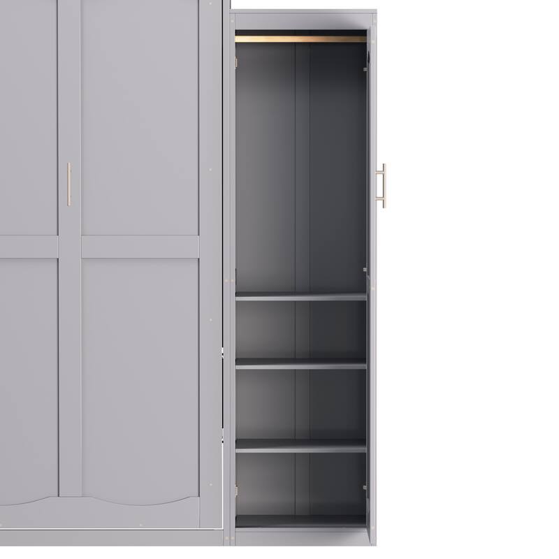 Space-Saving Full Size Murphy Bed with 2 Wardrobes & Storage Shelf, Foldable Platform Bedframe for Guest Rooms