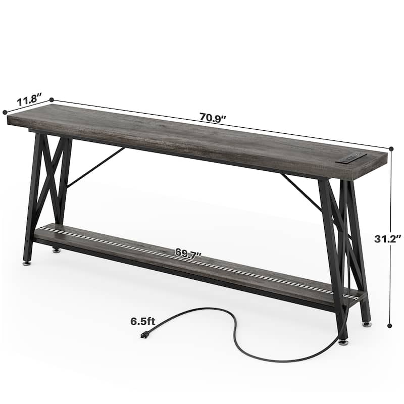 70.9'' Extra Long Console Table Sofa Table with Charging Station and Storage Shelf,Industrial Hallway Entry Table