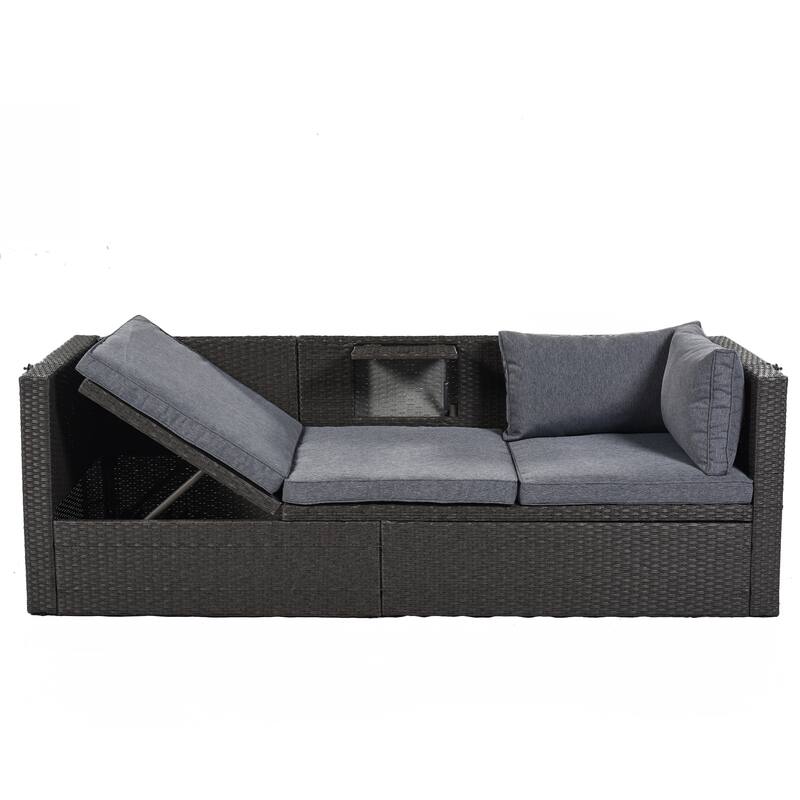 4-Pieces Outdoor Patio Rattan Daybed Sunbed Set with Retractable Canopy, Lift Table, and Adjustable Seat