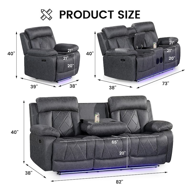 3PC Soft Microfiber Power Reclining Chair, LED Light, Bluetooth Speaker, Type-C and USB Charger, Recliner