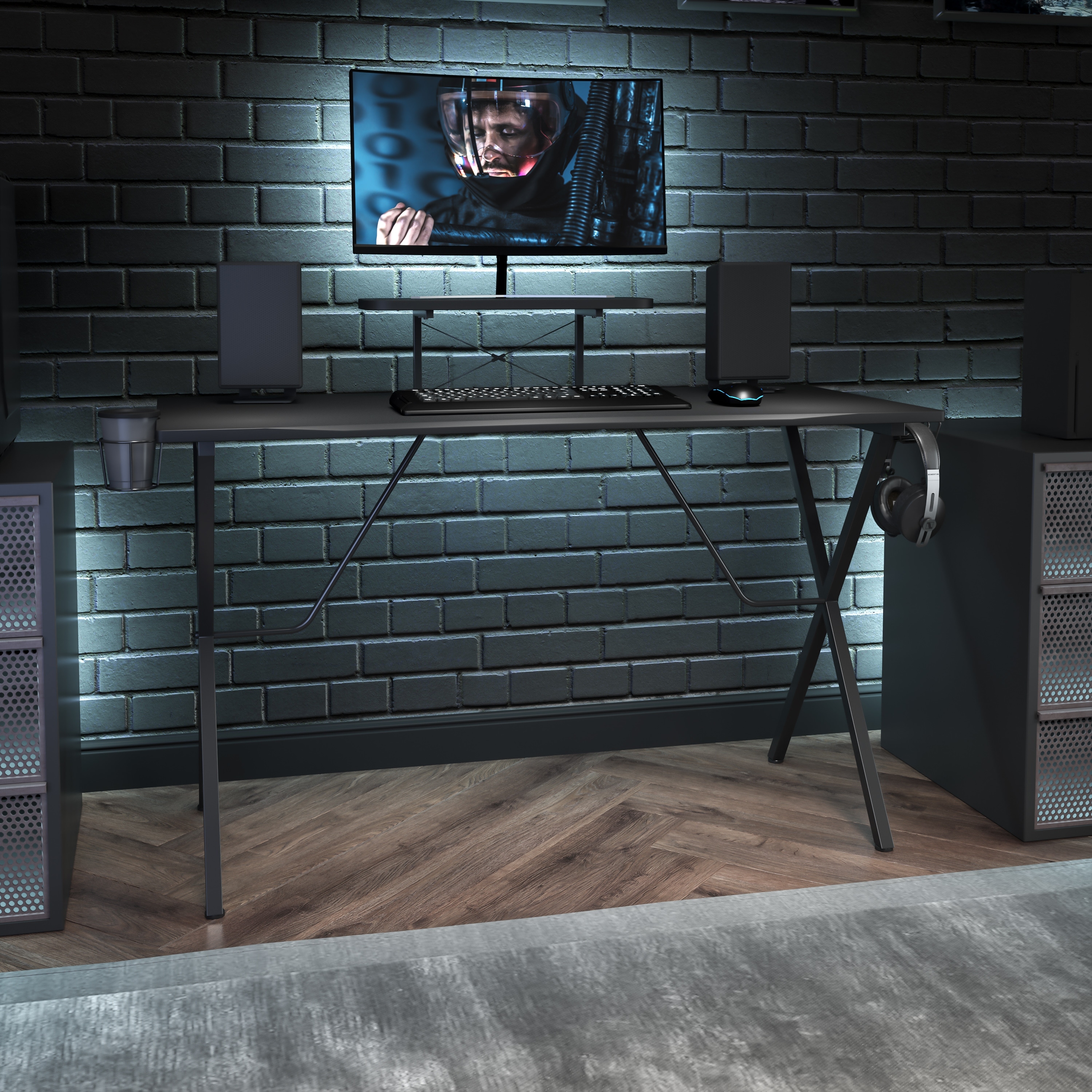 Gaming Desk with Cup Holder, Headphone Hook, and Monitor/Smartphone Stand