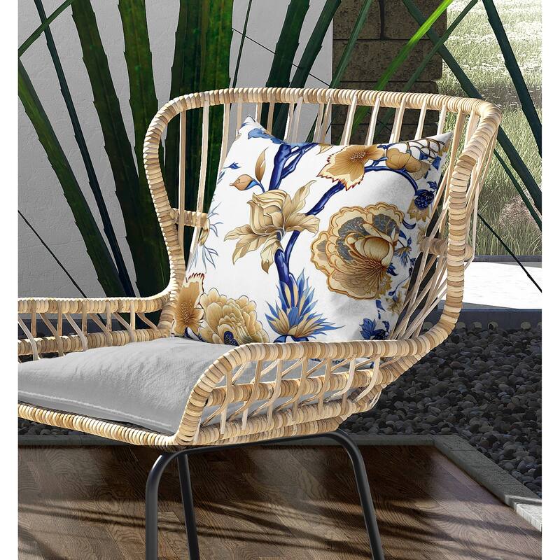 Vintage Bloom Indoor/Outdoor Reversible Throw Pillow Blue and Gold