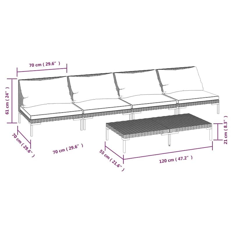 vidaXL Patio Lounge Set Outdoor Sectional Sofa Set Table Poly Rattan Dark Grey - 27.6" x 27.6" x 24"
