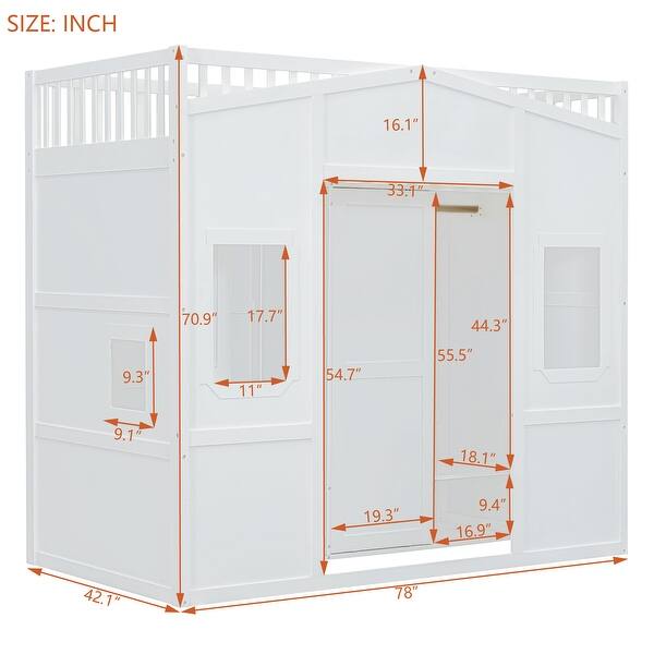 dimension image slide 1 of 2, Twin Size Wood House Loft Bed with Ladder and Wardrobe, White