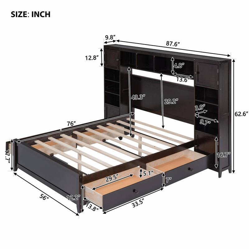 Wooden Bed with Built-in Cabinet, Shelf, and Sockets