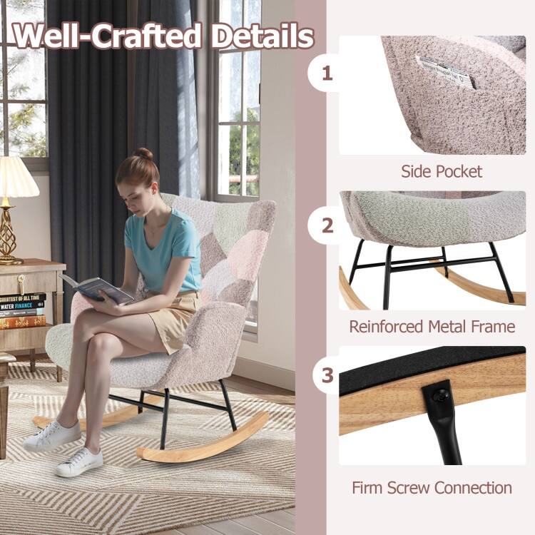 Multi-Color Boucle Sponge Metal Rocking Chair with Side Pocket and Ergonomic Design - 33" x 27" x 35"