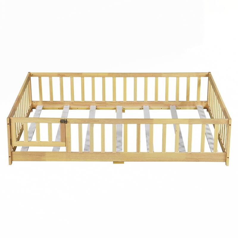 Rubber Wood Floor Bed with Safety Guardrails