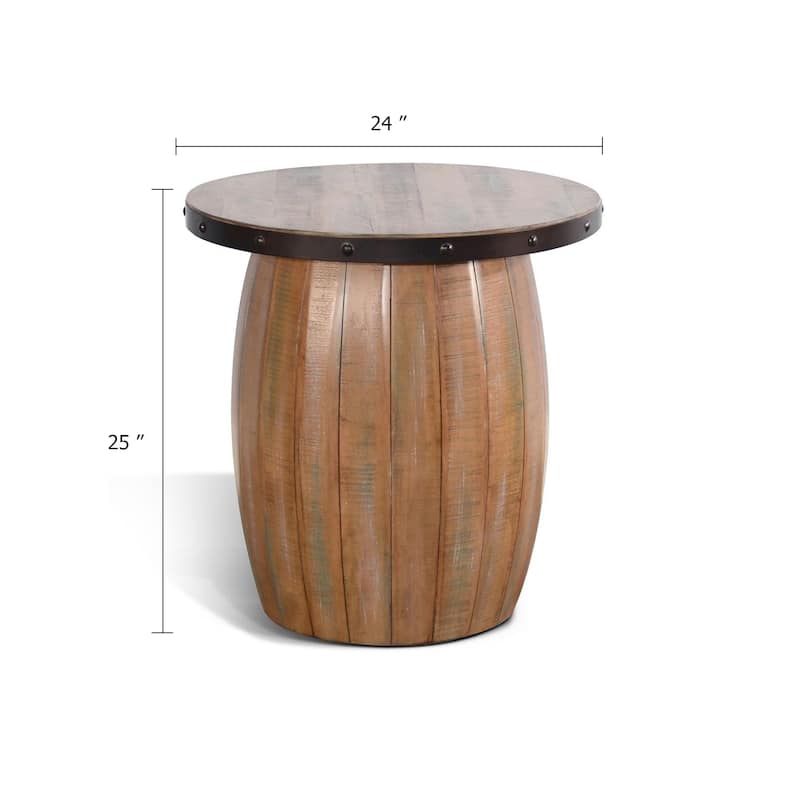 Selano End Table, 24 Inch Round Plank Top, Barrel Base, Brown Solid Wood