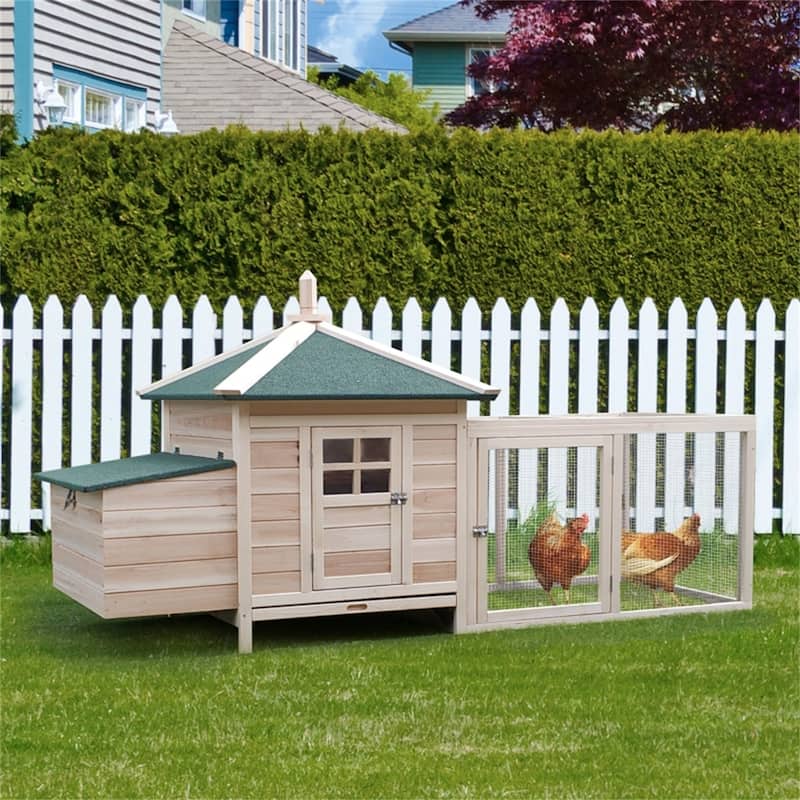 Pine Wood Hen House Coop with Nest Box and Run - 77.25" L x 30" W x 38.25" H