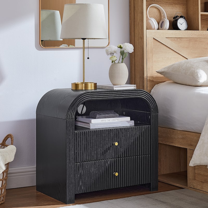 Modern Fluted Nightstand with Charging Station, Arched End Table - Black Oak