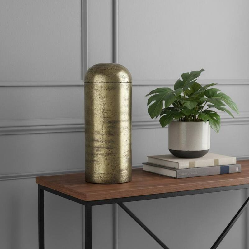 HomeRoots 15" Antiqued Brass Cast Aluminum Cylindrical Tabletop Sculpture - 6.00 in. x 14.50 in. x 6.00 in. - Antiqued Brass - 6.00 in. x 14.50 in.  x 6.00 in.