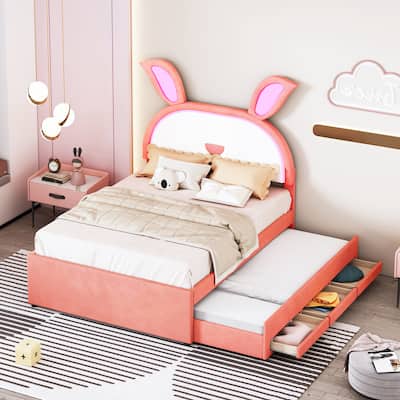 Full Platform Bed with Trundle, 3 Drawers, and Rabbit-Shaped LED Headboard, Upholstered in Velvet