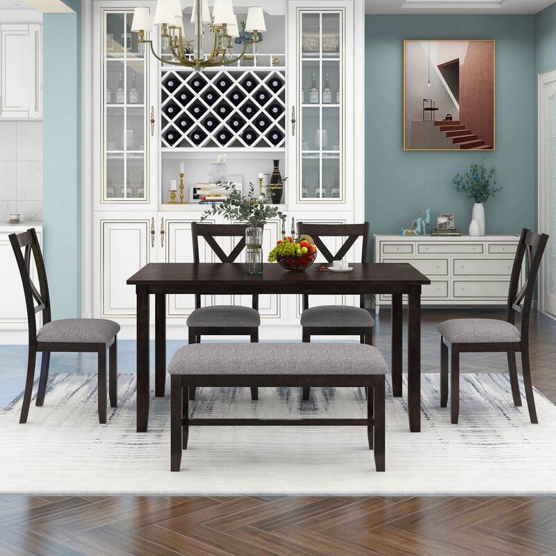 Traditional 6-Piece Wooden Dining Table Set with 4 Upholstered Chairs and Bench