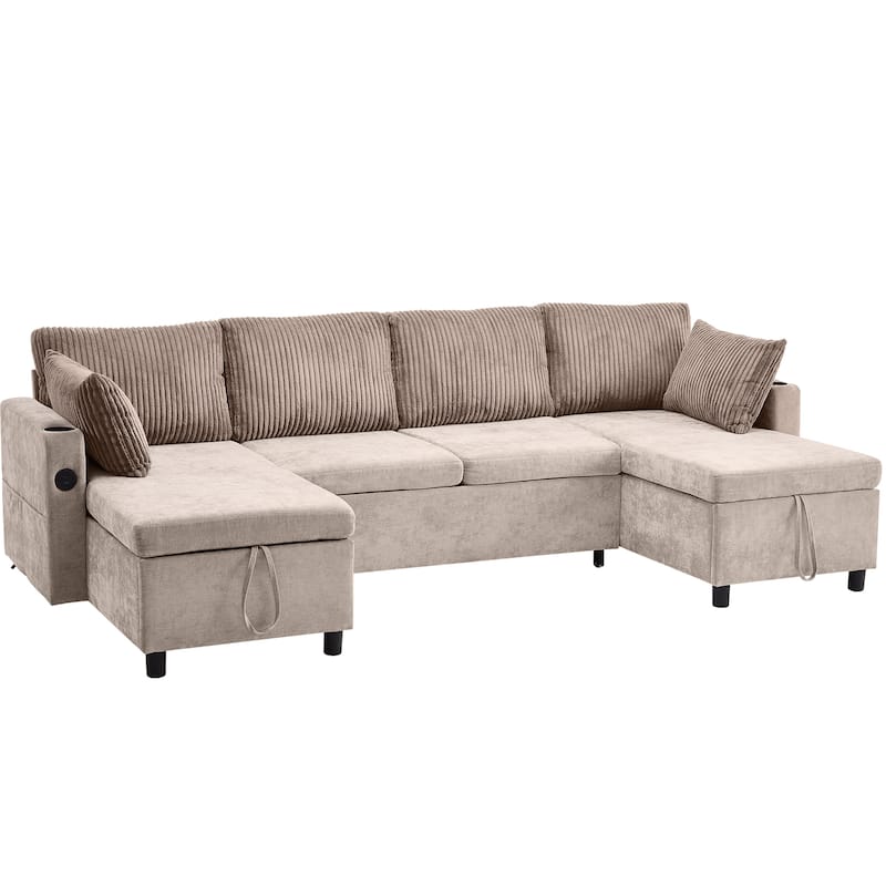 111.8" Chenille Sectional Sleeper Sofa U-Shaped Convertible Sofa Bed with Storage Chaise and USB Ports