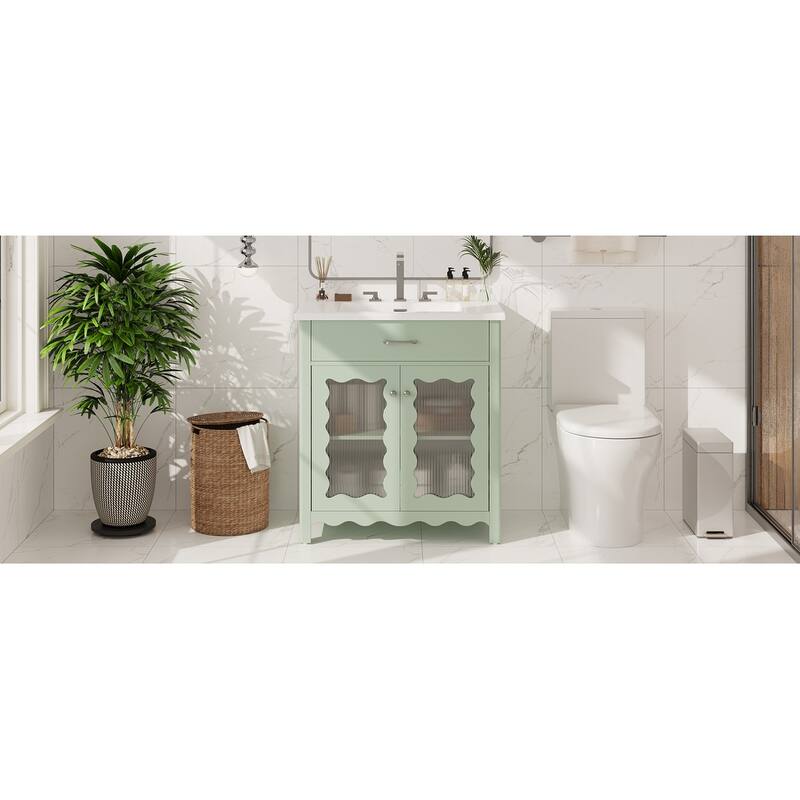 31" Bathroom Vanity with Tempered Glass,Modern Bathroom Cabinet with Rubber Wood legs and Soft close Doors