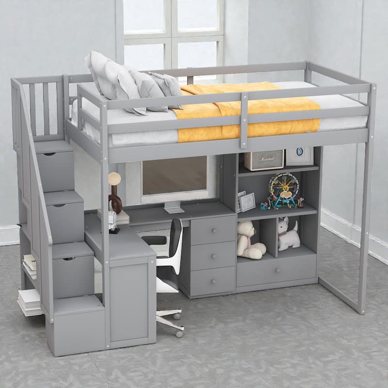 Twin Loft Bed with L Shaped Desk, Storage Stairs, Drawers and Cabinet, Space Saving Wood Loft Bed