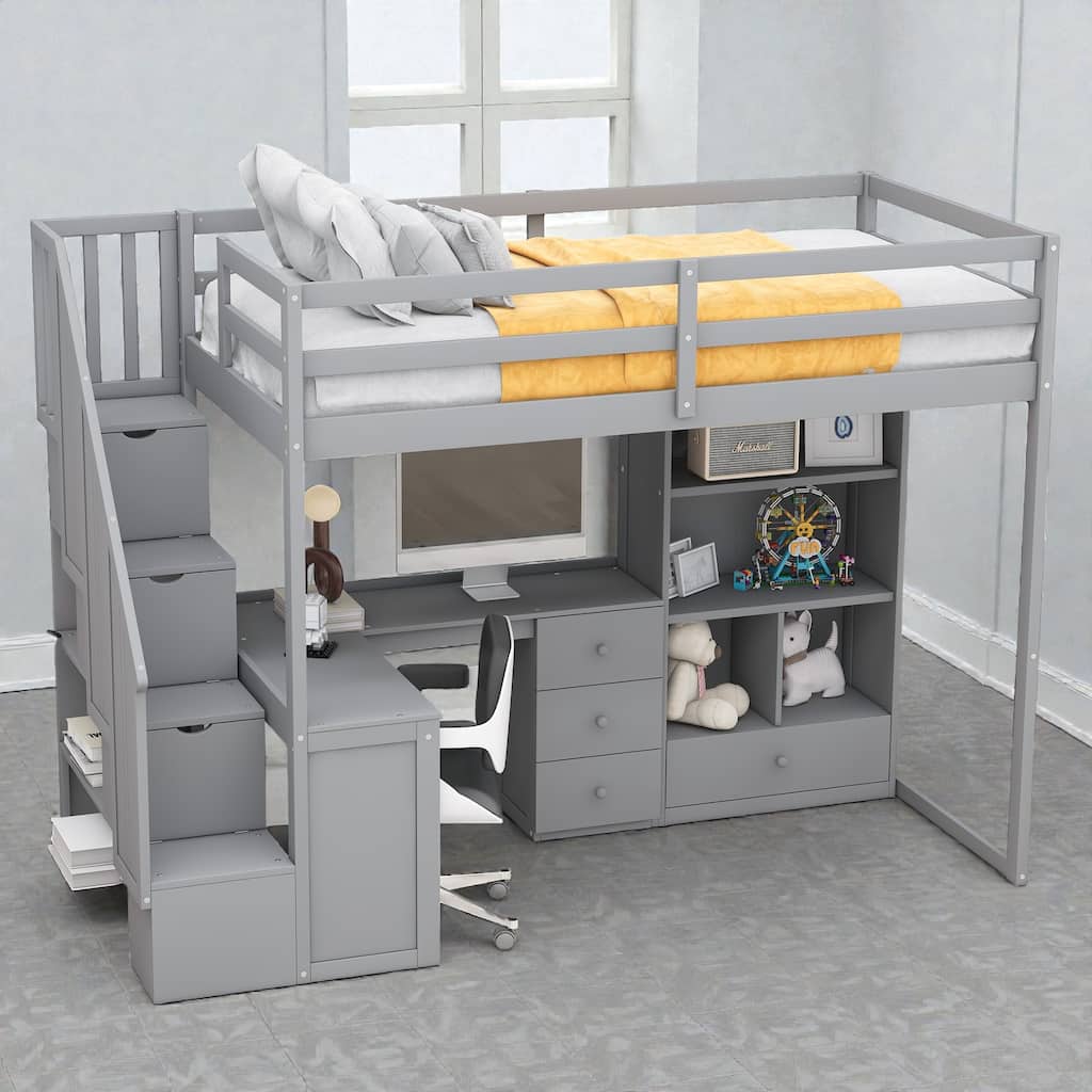 Twin Loft Bed with L Shaped Desk, Storage Stairs, Drawers and Cabinet, Space Saving Wood Loft Bed