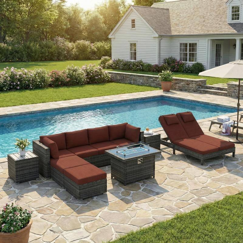 Outdoor Sectional Conversation Set PE Wicker with Double Chaise Lounge, 60,000 BTU Fire Pit Table - 10-Piece/Ottoman & Table - Red