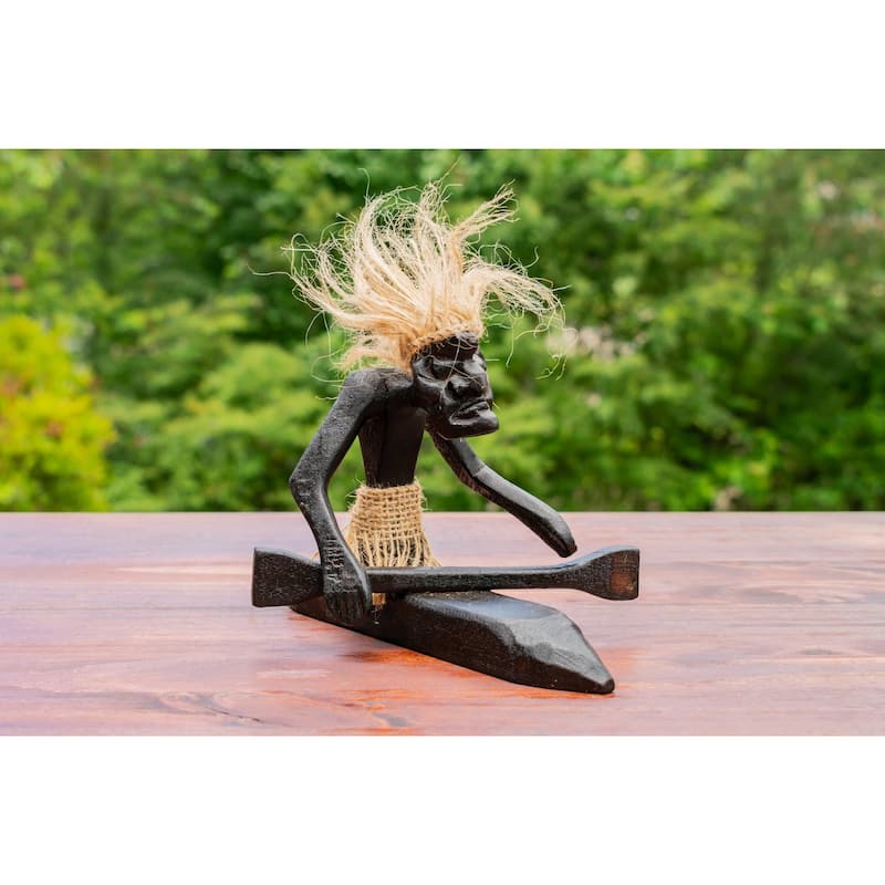 Handmade Wooden Primitive Tribal Kayaking Statue Canoe Funny Sculpture Tiki Bar Handcrafted Unique Gift Decor Accent Figurine