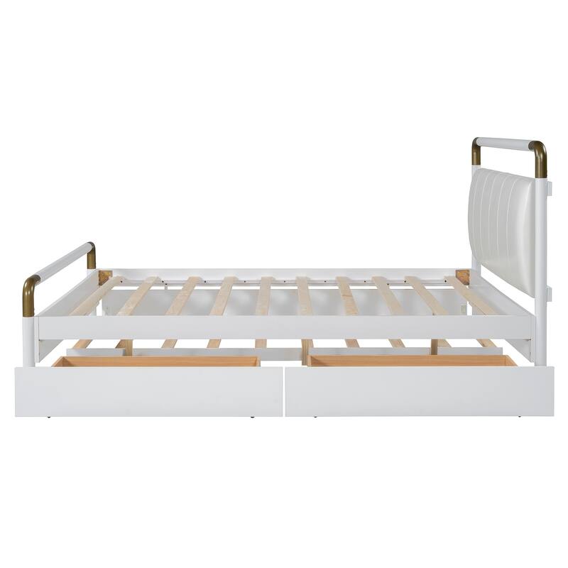 Queen Size Platform Bed with PU Backrest, Trundle Bed & 2 Storage Drawers