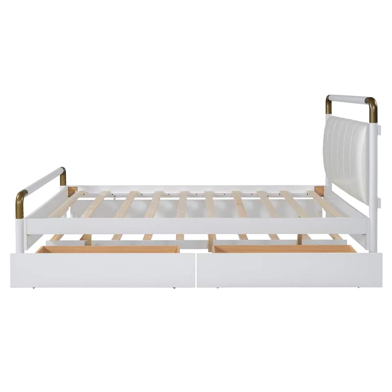 Queen Size Wooden Platform Bed with Upholstered Headboard, Solid Pinewood Storage Bed Frame with 2 Drawers and Twin-XL Trundle