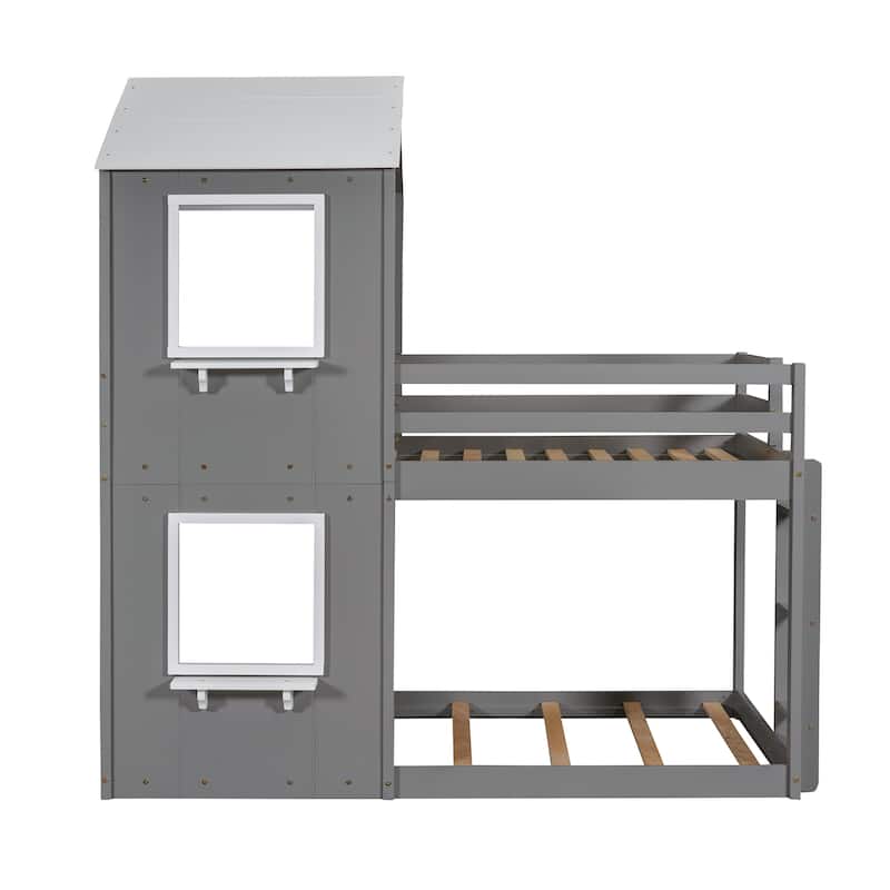 Grey Twin over Twin Solid Wood Bunk Bed with Roof, Window, Guardrail, and Ladder