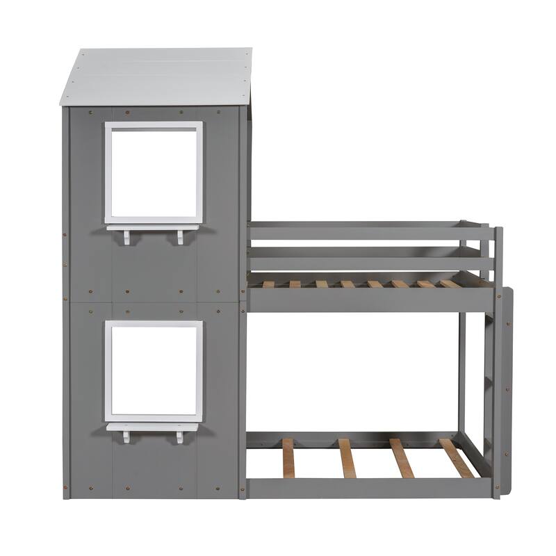 Playhouse-Inspired Twin Over Twin Bunk Bed with Roof, Window, and Safety Guardrails, Perfect for Kids - White/Grey
