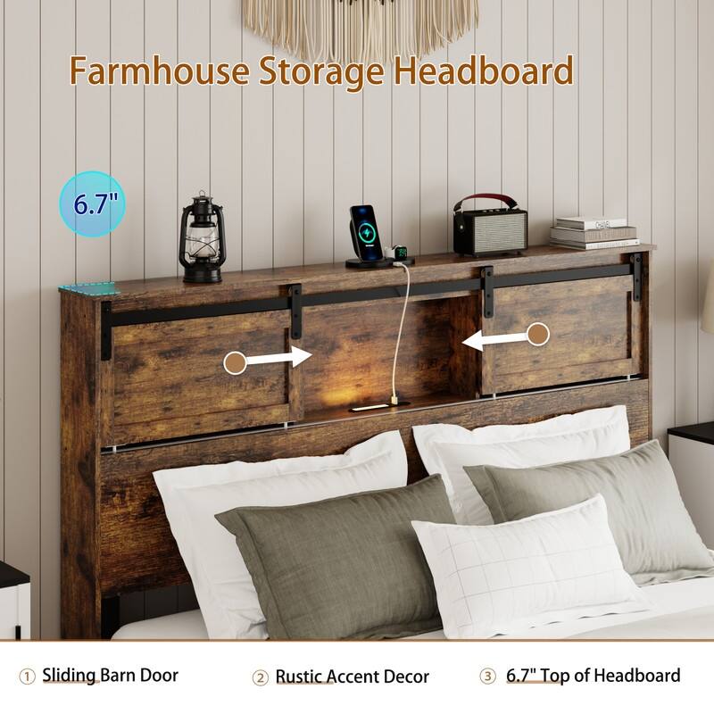 alazyhome Farmhouse Wood Platform Bed Frame with Storage Headboard & Charging Station
