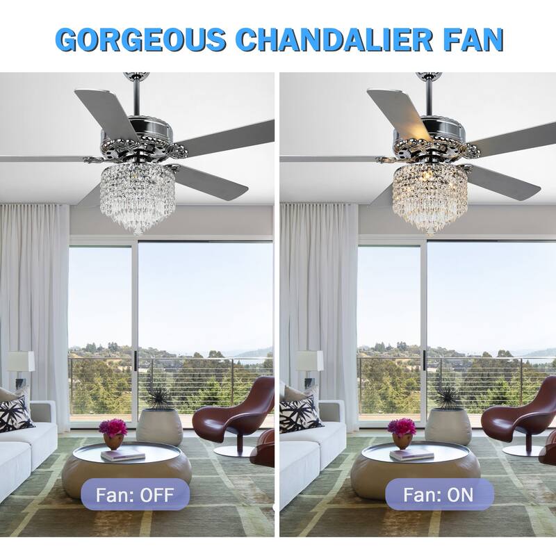 Oaks Aura 52in. Modern Glam Chrome Crystal 5 Reversible Blades Ceiling Fan Remote Control Included