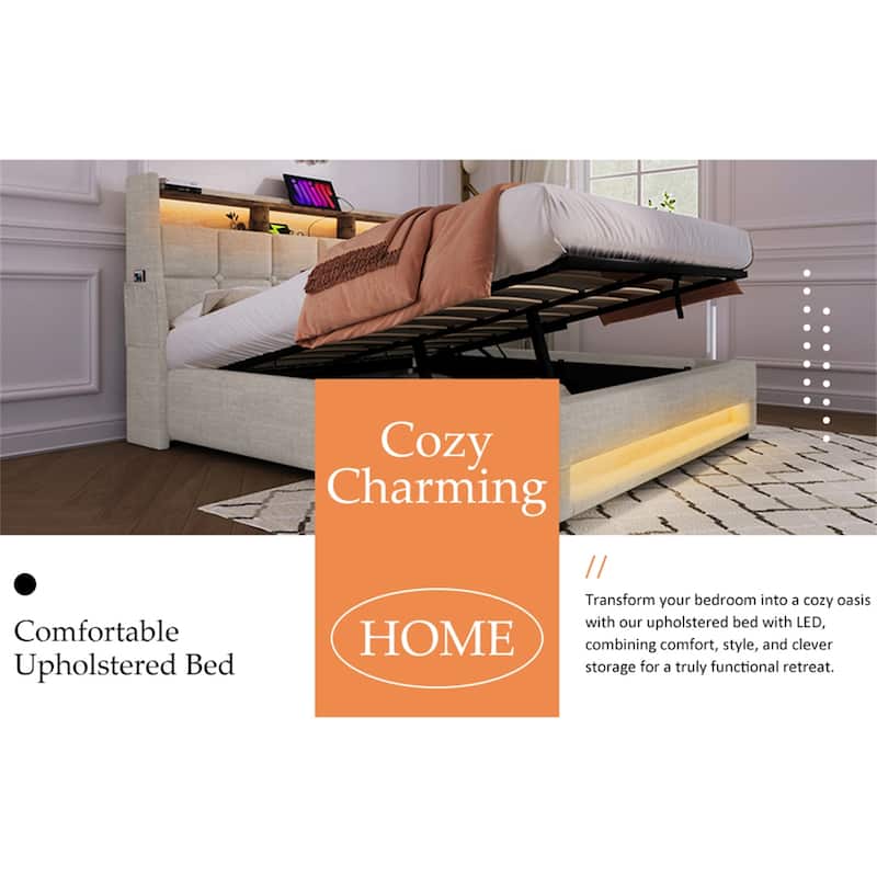 Queen size Upholstered Platform bed with Storage (Without Mattress)