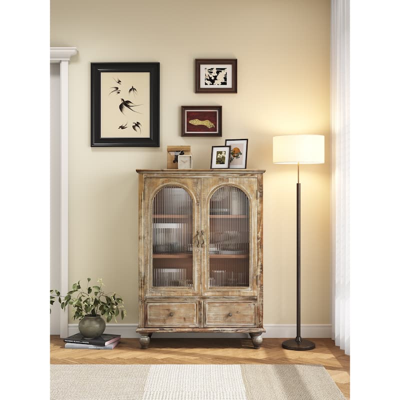Farmhouse Storage Cabinet,Wood Kitchen Pantry Cabinet with 2 Glass Doors & 2 Drawers,Freestanding Buffet Cupboard with Shelves - Distressed Brown