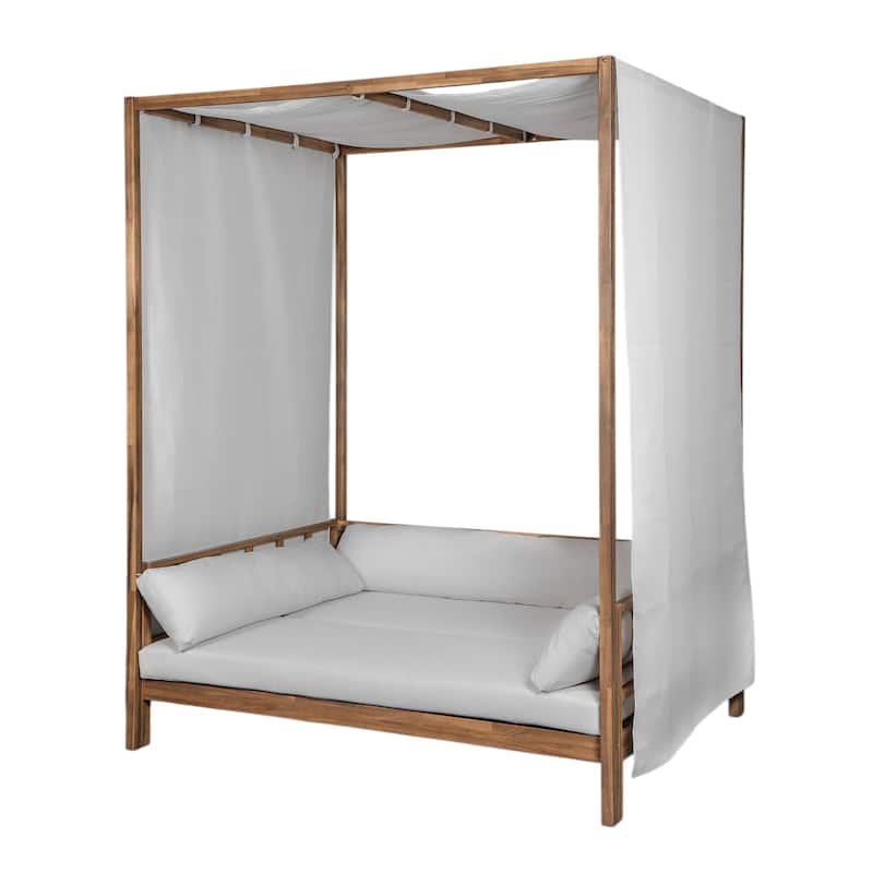 Scott Living Outdoor Acacia Wood Daybed with Canopy and Curtains, Washable Cushions and Detachable Pillows