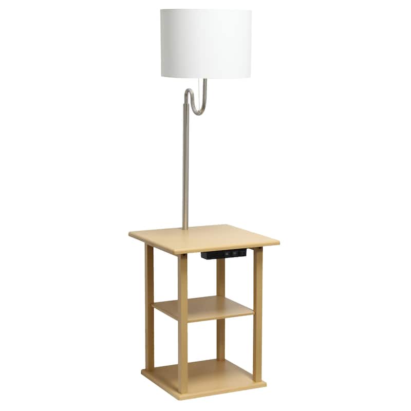 2 Tier End Table Floor Lamp with White Drum Shade - 57" - Tan