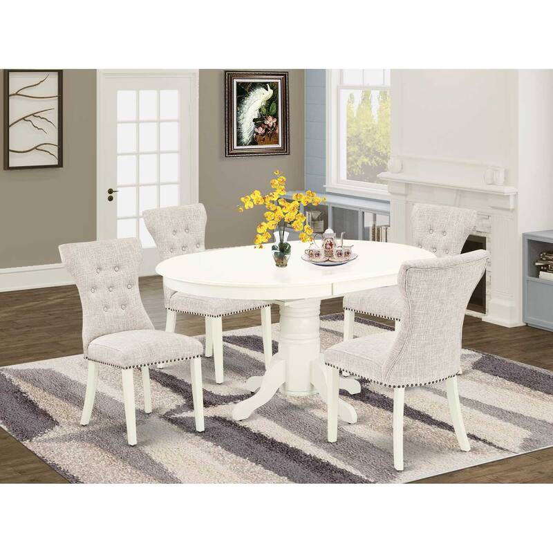 HomeStock 5-Piece Oval Linen White Finish Solid Wood Top Dining Table with 4 Parson Chair with Butterfly Leaf Lattice Back
