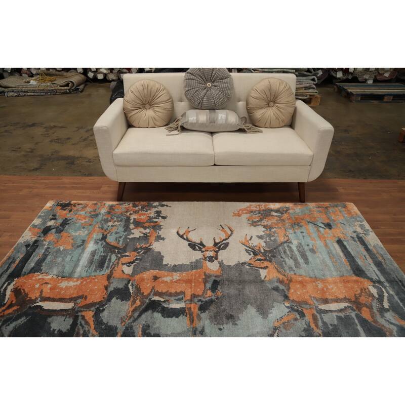 Hand Knotted Oriental Viscose Silk Carpet Modern Animal Pictorial Multi-Colored Abstract Area Rug - 7' 10'' X 4' 11''