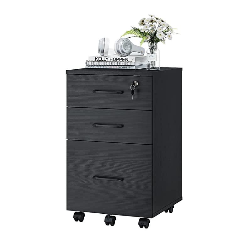 3 Drawer Wood Mobile File Cabinet - Black