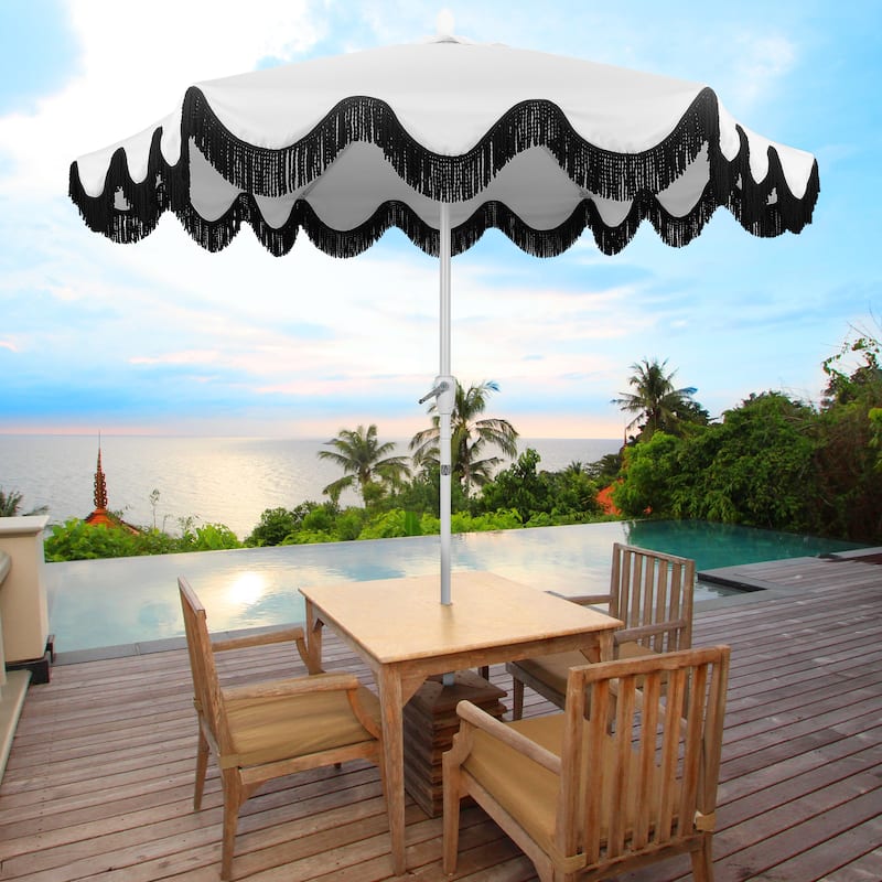 9ft Tassel Patio Umbrella Auto-Tilt, Crank , by JONATHAN Y - White/Black