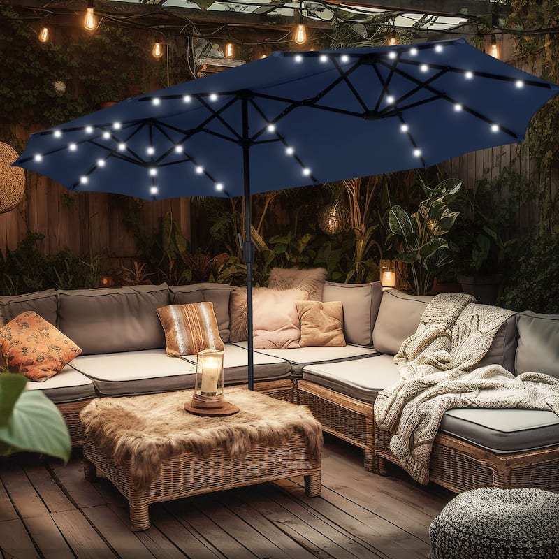 Ainfox 13ft Double-sided Patio Umbrella Solar LED Lighted Outdoor Martet Umbrella with Base - Navy Blue-No Base