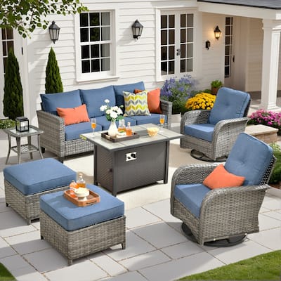 HOOOWOOO 7-piece Wicker Rattan Patio Furniture Set with Fire Pit Table