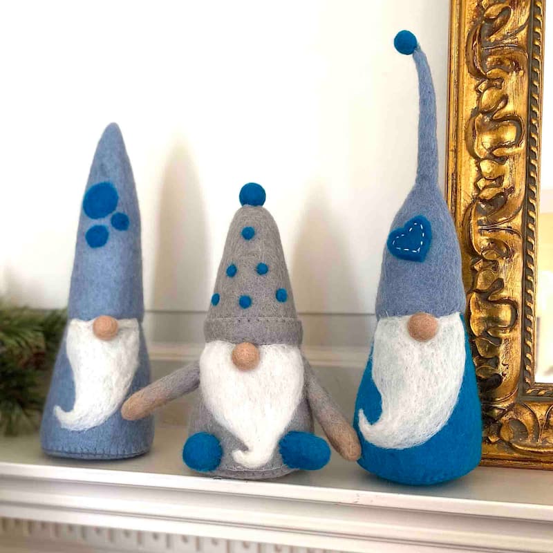 Handmade Felt Gnome Trio, Blue Winter (3-Piece Set)