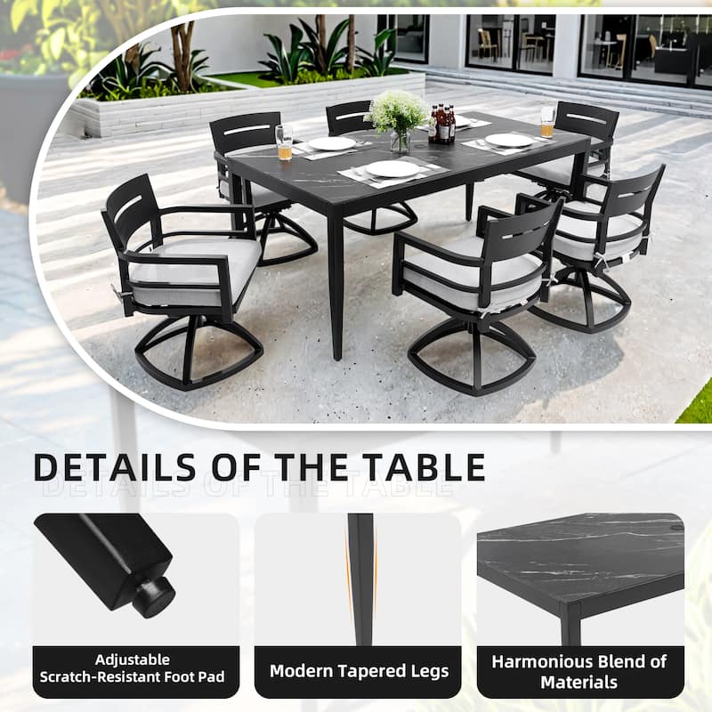 35.5" x 71" Outdoor Aluminum Dining Table with Sintered Stone Top, Tapered Legs – Weatherproof, Seats Six