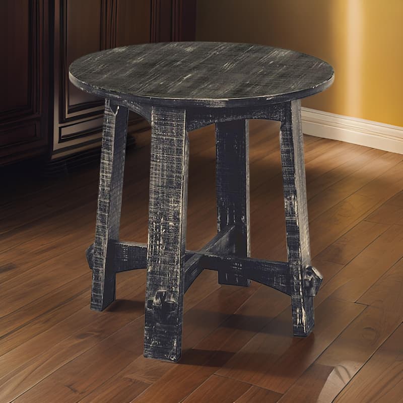 Rena Side End Table, X Legs, 24in Round, Distressed Rustic Black Wood
